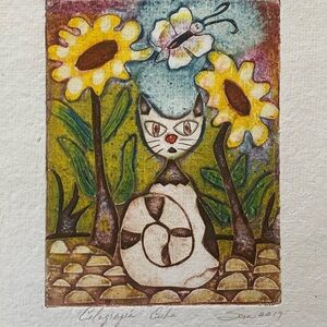 Eclectic Whimsical Cat Watercolour Painting Folk Art